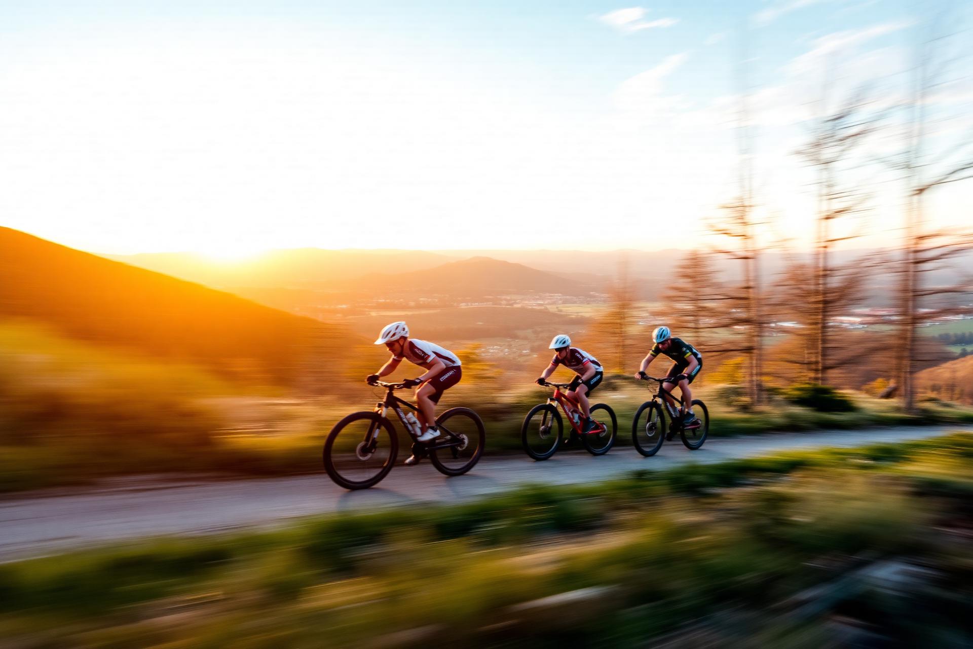Ciclistas em movimento no por do sol